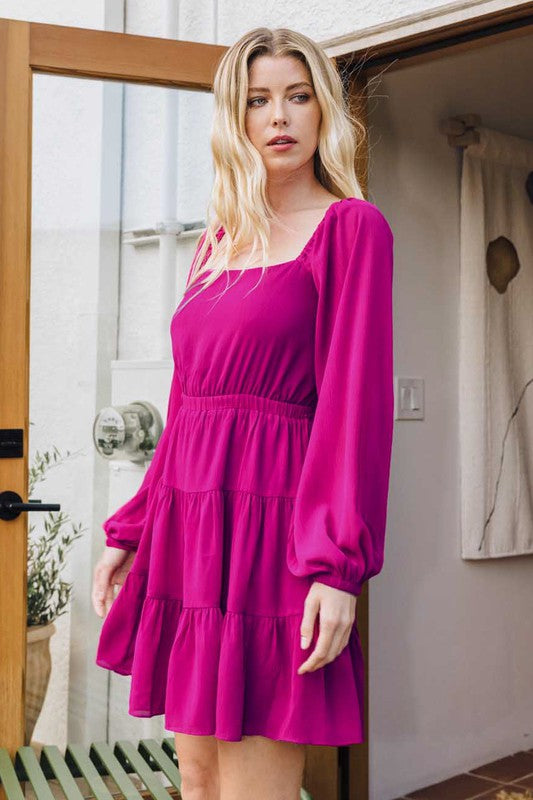 Womens Oddi Puff Long Sleeve Tiered Dress