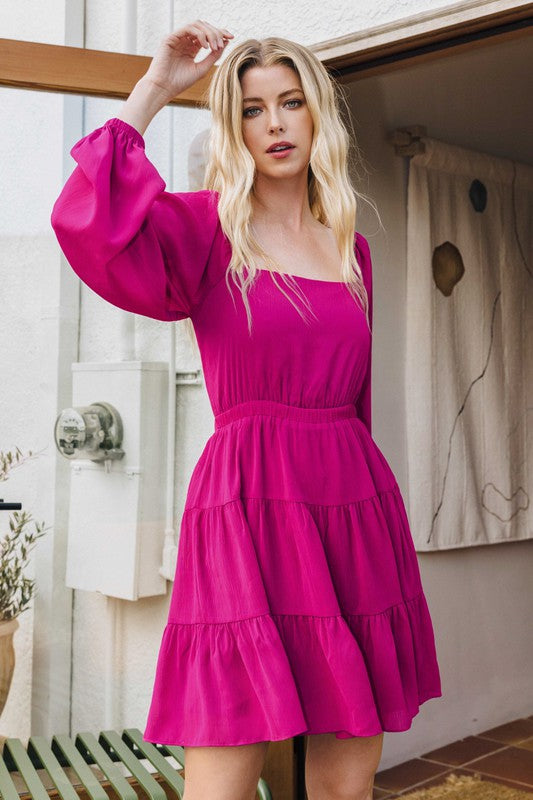 Womens Oddi Puff Long Sleeve Tiered Dress