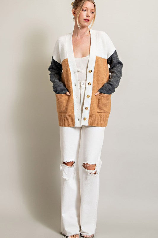 Women's COLOR BLOCK POCKET CARDIGAN