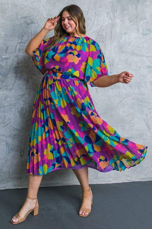 Flying Tomato Plus Size woven midi dress with pleated skirt