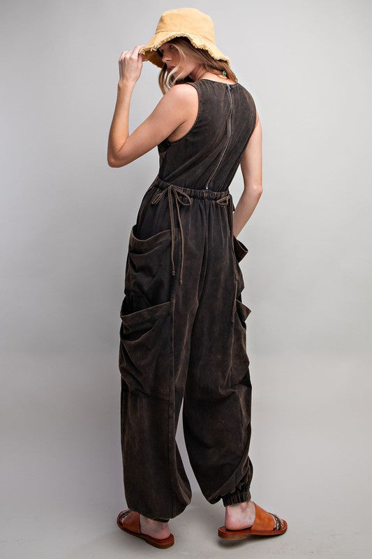 Easel Sleeveless washed cargo jumpsuit in black