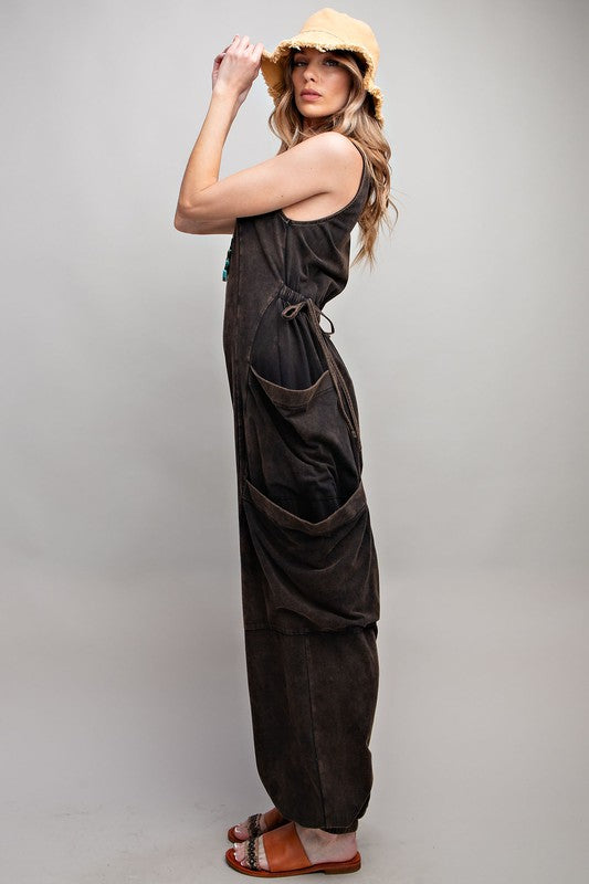 Easel Sleeveless washed cargo jumpsuit in black