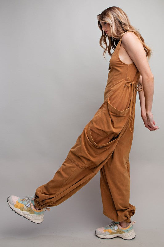 Easel Sleeveless washed cargo jumpsuit in Camel