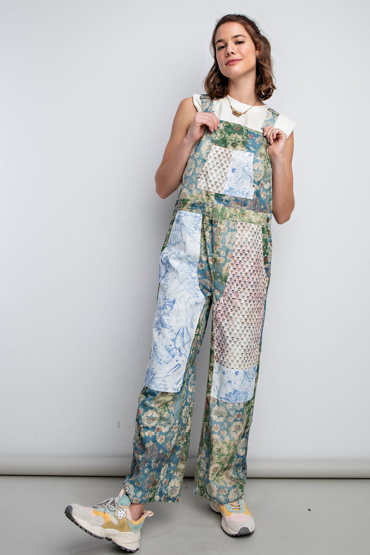 Women's Easel Wide Leg Overalls in Water Color Print