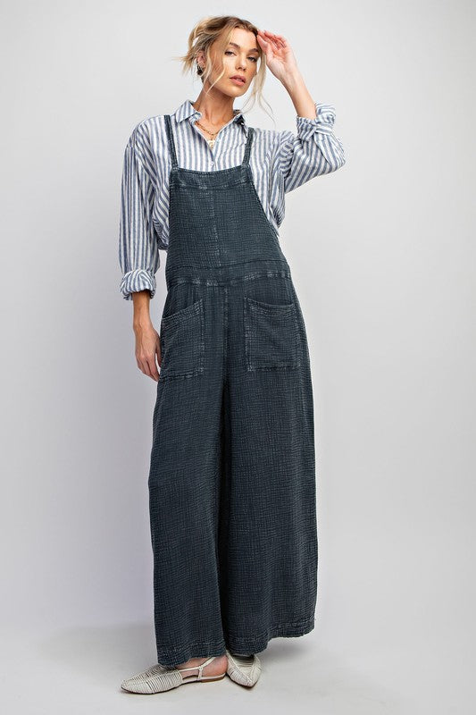 Easel Plus Size Washed cotton jumpsuit/ Overalls in faded denim