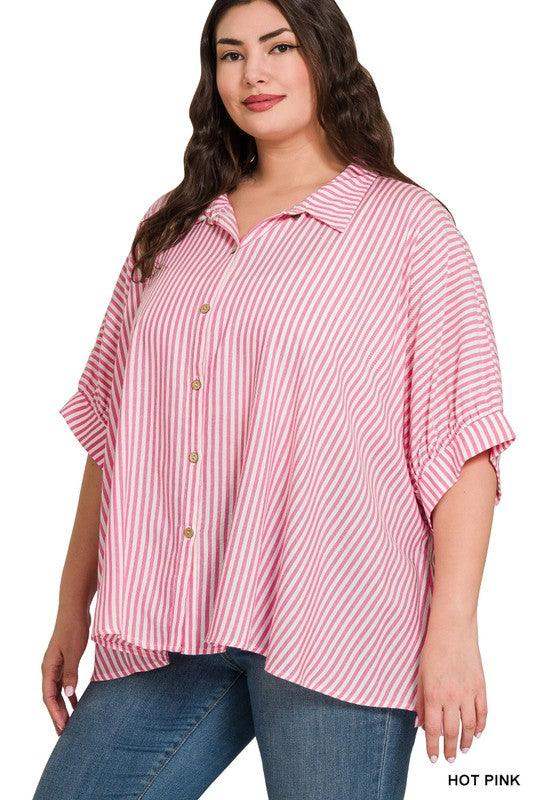 PLUS SIZE DOLMAN STRIPED BUTTON UP TOP IN PINK AND WHITE