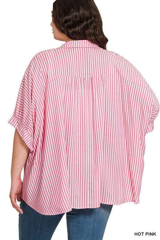 PLUS SIZE DOLMAN STRIPED BUTTON UP TOP IN PINK AND WHITE