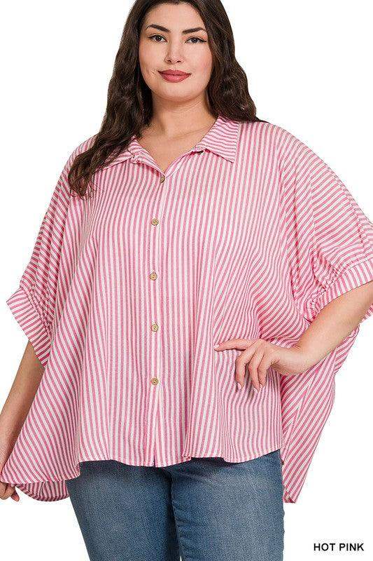 PLUS SIZE DOLMAN STRIPED BUTTON UP TOP IN PINK AND WHITE