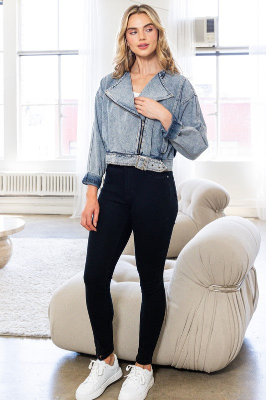 Womens Oddi Washed Denim Moto Jacket