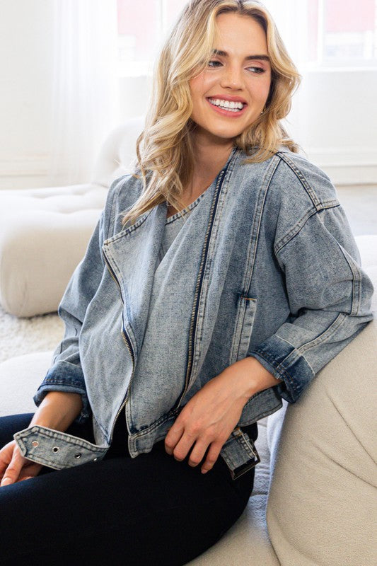 Womens Oddi Washed Denim Moto Jacket