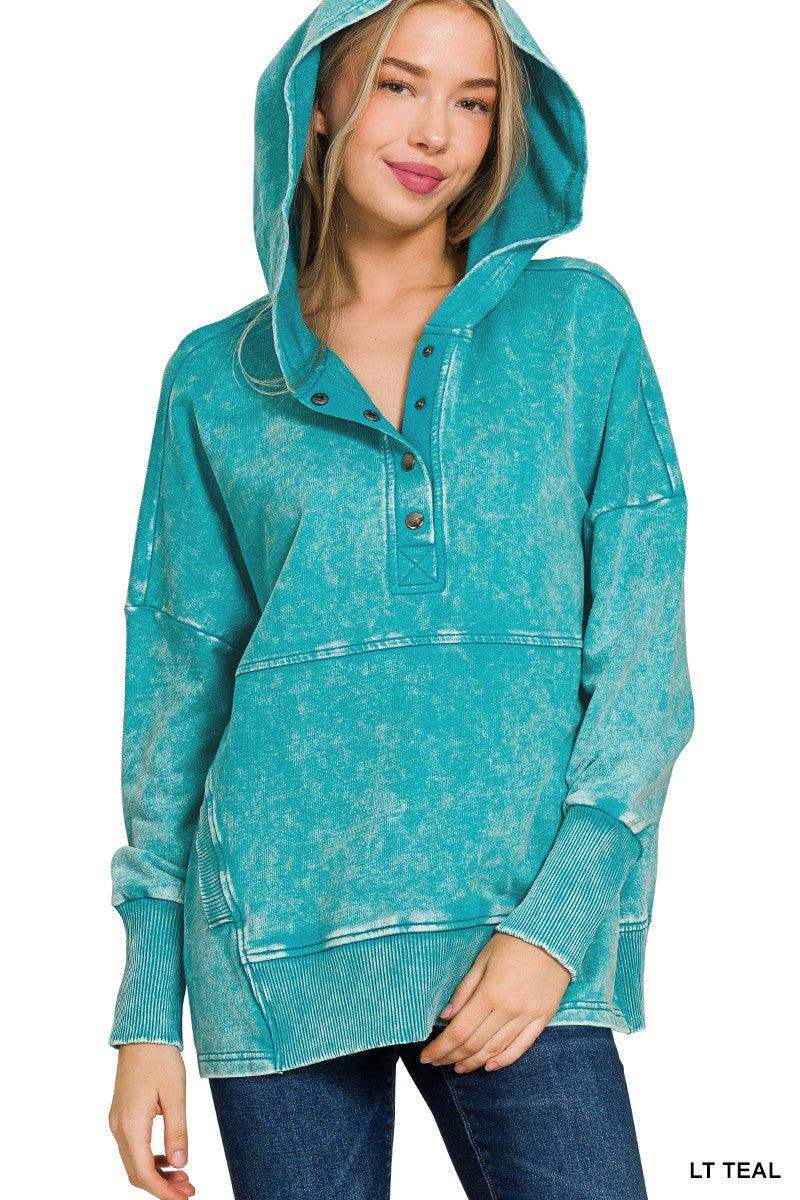 Womens FRENCH TERRY ACID WASH KANGAROO POCKET HOODIE in Light Teal
