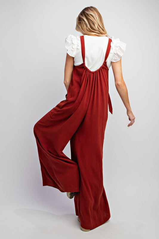Plus Size Easel Wide Leg Jumpsuit Overalls Adjustable Straps In Rust