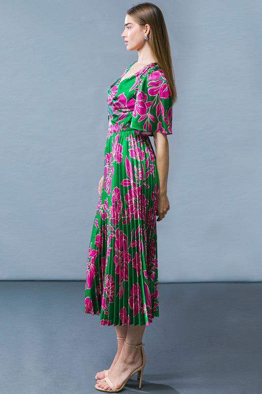 Flying Tomato Womens Green and Pink Satin floral keyhole dress