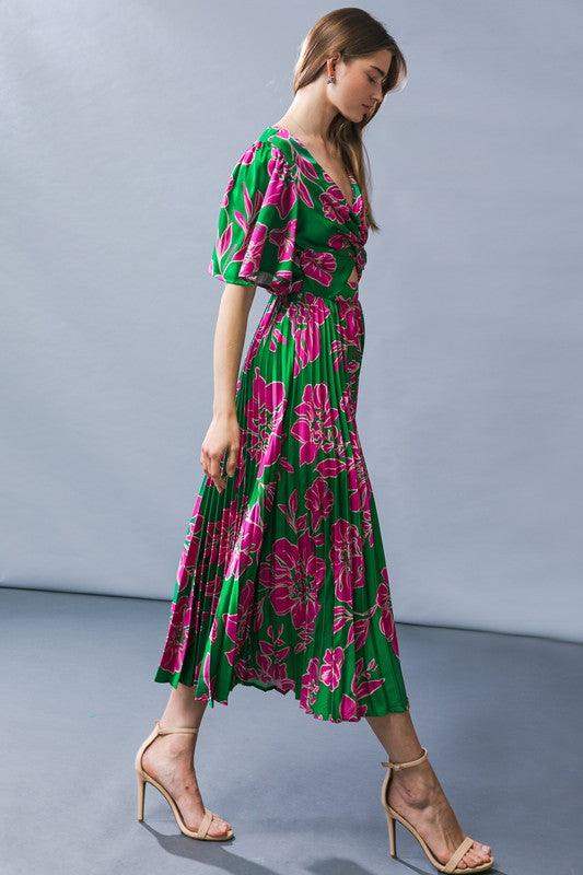 Flying Tomato Womens Green and Pink Satin floral keyhole dress