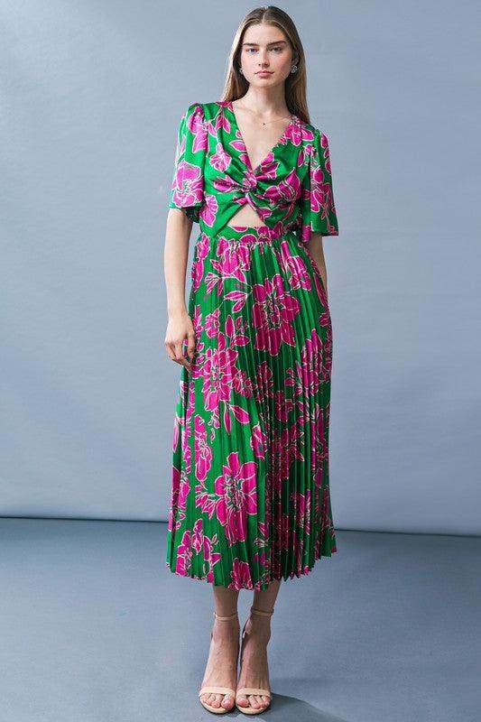 Flying Tomato Womens Green and Pink Satin floral keyhole dress