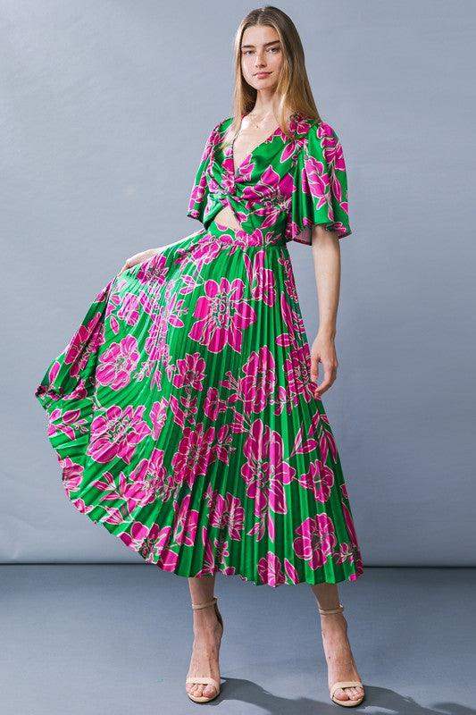 Flying Tomato Womens Green and Pink Satin floral keyhole dress