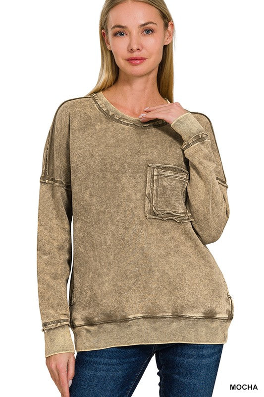 Womens French Terry Acid Washed Pullover by Zenana- Multiple Colors