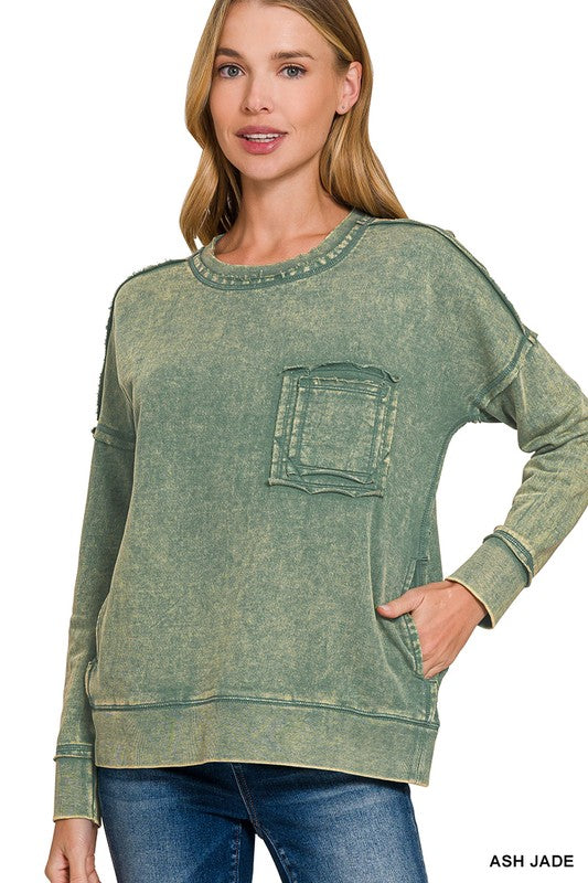 Womens French Terry Acid Washed Pullover by Zenana- Multiple Colors