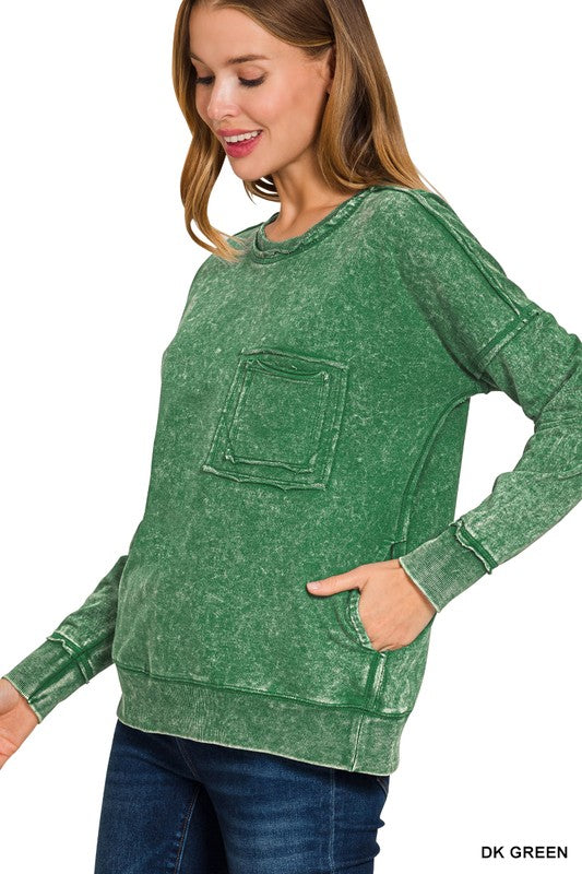 Womens French Terry Acid Washed Pullover by Zenana- Multiple Colors