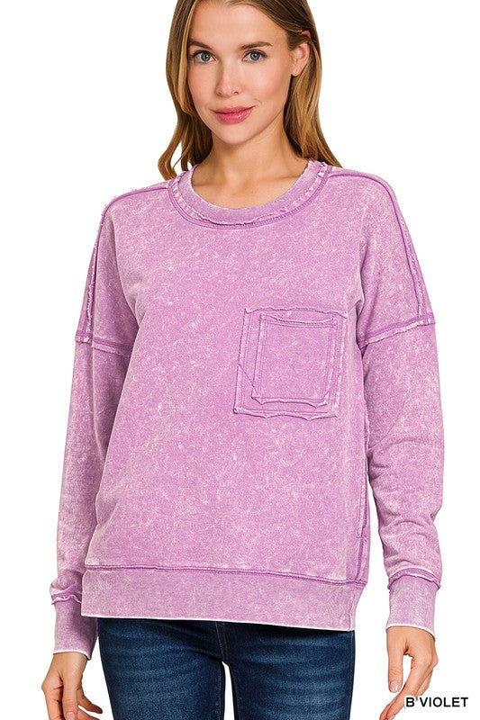 Womens French Terry Acid Washed Pullover by Zenana- Multiple Colors