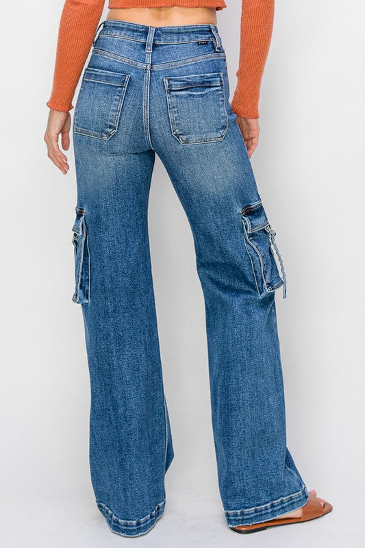 High Rise Cargo Pocket Wide Leg Jeans - Risen Jeans