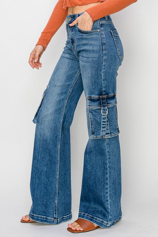 High Rise Cargo Pocket Wide Leg Jeans - Risen Jeans