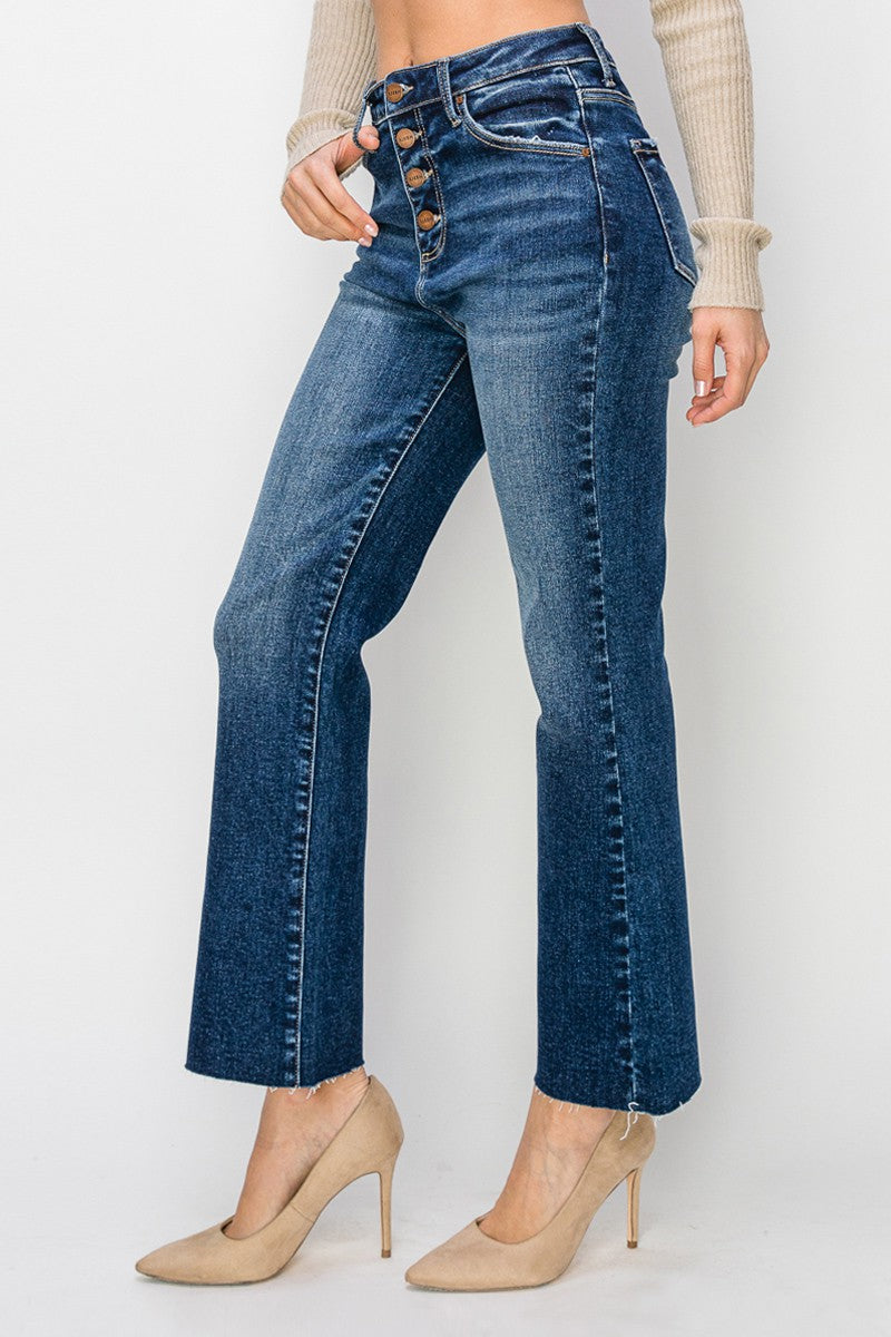 High Rise Button Closure Ankle Flare Jeans in Mid Wash - Risen Jeans