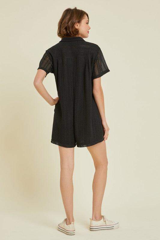 Plus Button-Down Crochet Romper with Pockets in Black