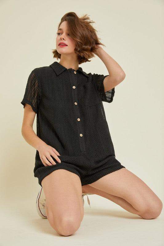 Plus Button-Down Crochet Romper with Pockets in Black