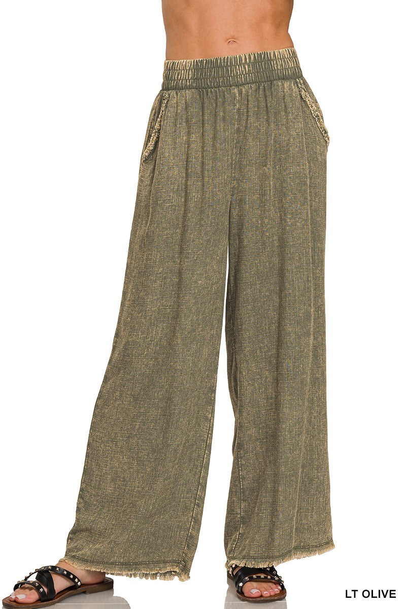 Womens WASHED LINEN FRAYED HEM ELASTIC BAND WAIST PANTS in Light Olive