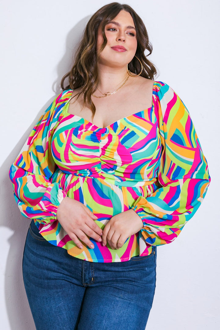 Plus Flying Tomato Printed Sweetheart Top in Blue Fuchsia