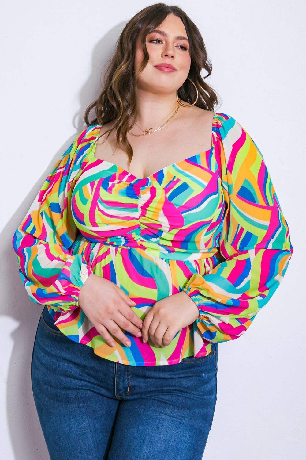 Plus Flying Tomato Printed Sweetheart Top in Blue Fuchsia