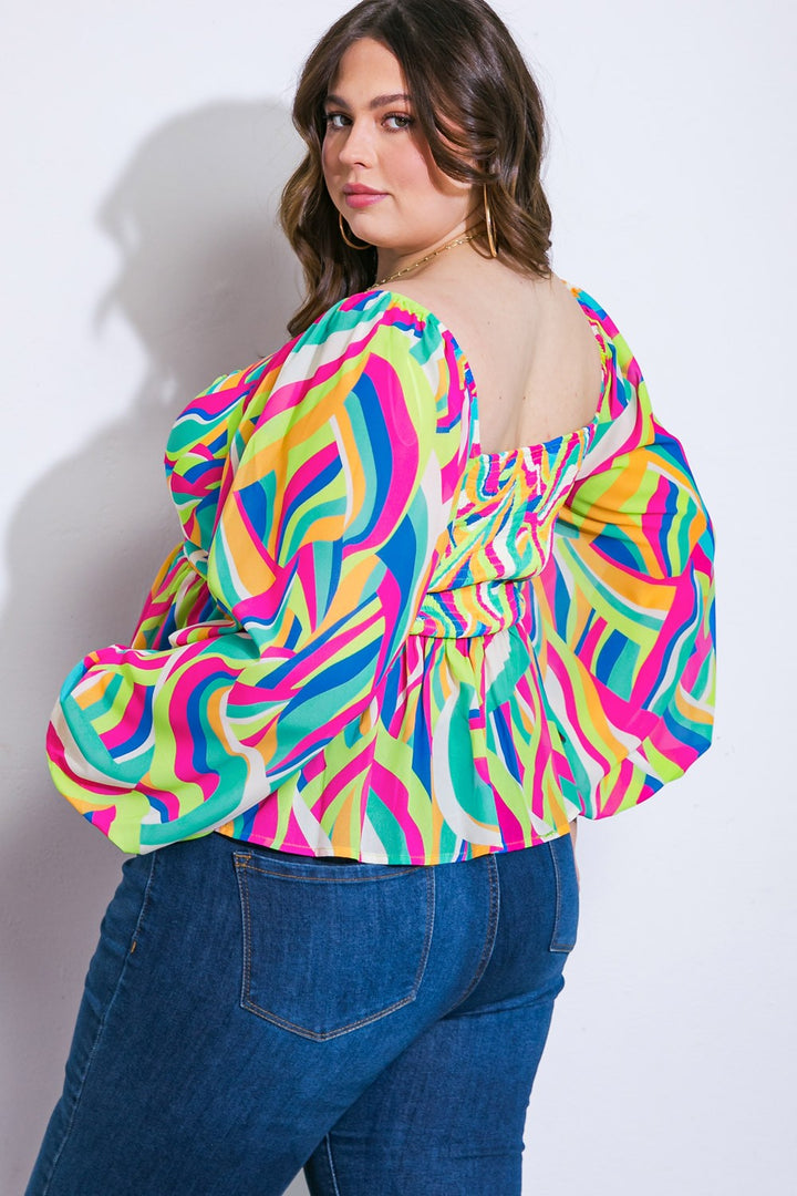 Plus Flying Tomato Printed Sweetheart Top in Blue Fuchsia