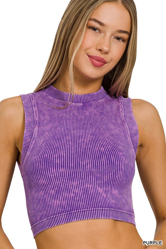 Womens Stone Washed Ribbed Seamless Crop top in Plum