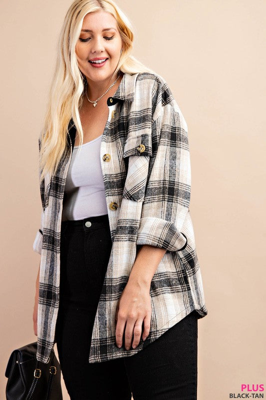 Plus Size Plaid shacket in Black and Tan