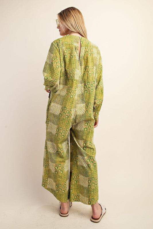 Womens Printed Wide Leg Jumpsuit Lime