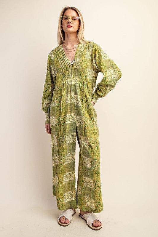 Womens Printed Wide Leg Jumpsuit Lime
