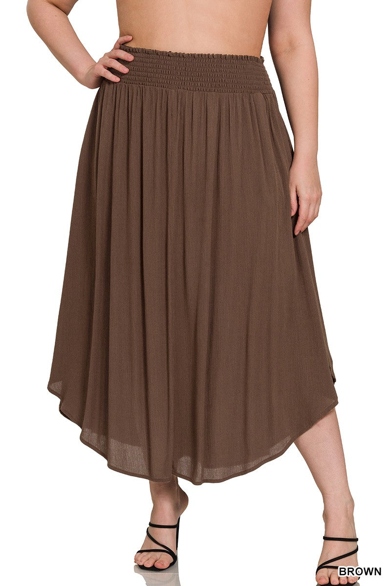 Plus Size Woven Crinkle Smocked Waist Skirt W Pockets