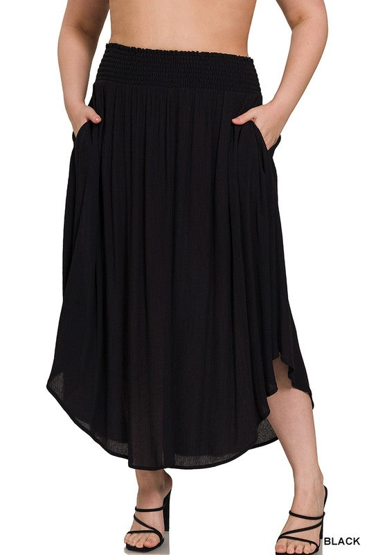 Plus Size Woven Crinkle Smocked Waist Skirt W Pockets