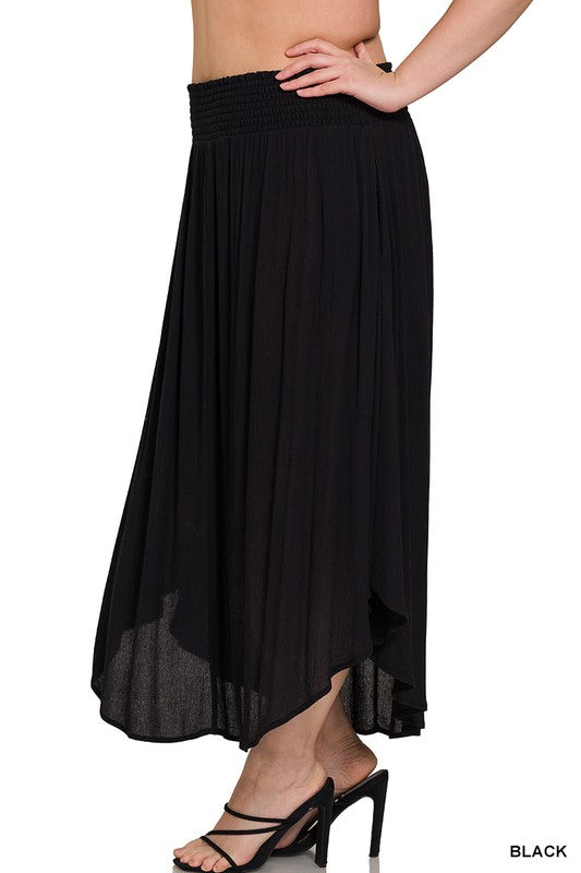 Plus Size Woven Crinkle Smocked Waist Skirt W Pockets