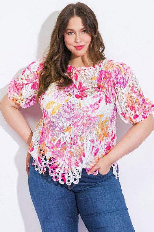 Plus Size Flying Tomato Lace round neckline puff sleeve top