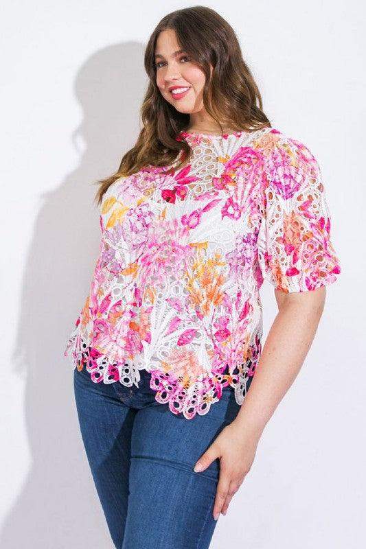 Plus Size Flying Tomato Lace round neckline puff sleeve top