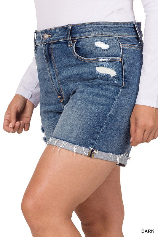 PLUS SIZE DISTRESSED CUFFED RAW HEM DENIM SHORTS