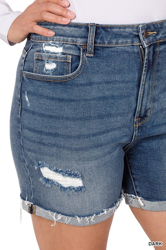 PLUS SIZE DISTRESSED CUFFED RAW HEM DENIM SHORTS