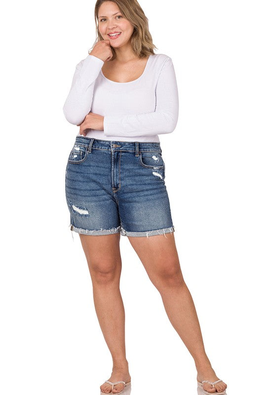 PLUS SIZE DISTRESSED CUFFED RAW HEM DENIM SHORTS