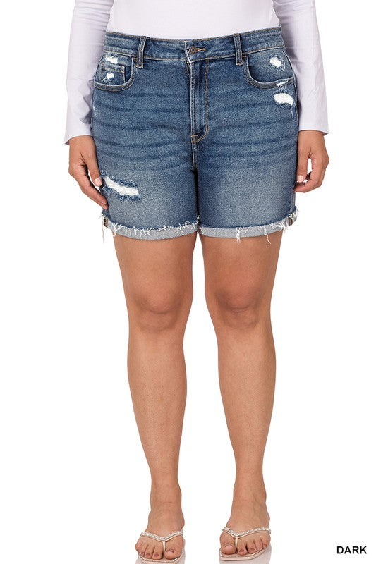 PLUS SIZE DISTRESSED CUFFED RAW HEM DENIM SHORTS