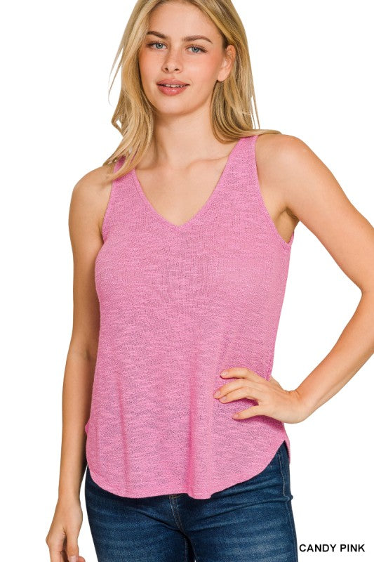 Womens Zenana V-neck hacci tank top- multiple colors