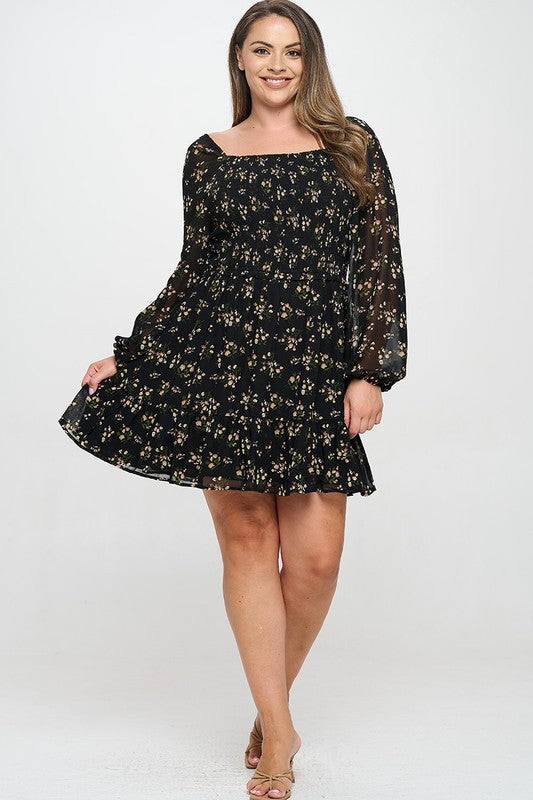 Plus Size Long Sleeve Black Ditsy Floral Dress