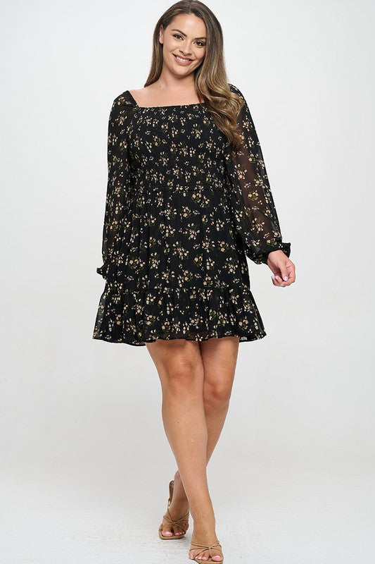 Plus Size Long Sleeve Black Ditsy Floral Dress