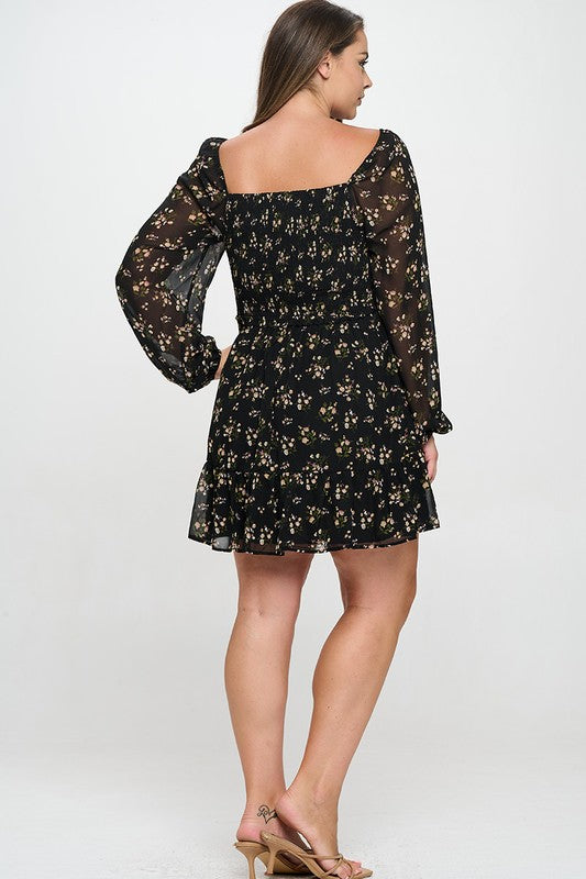 Plus Size Long Sleeve Black Ditsy Floral Dress